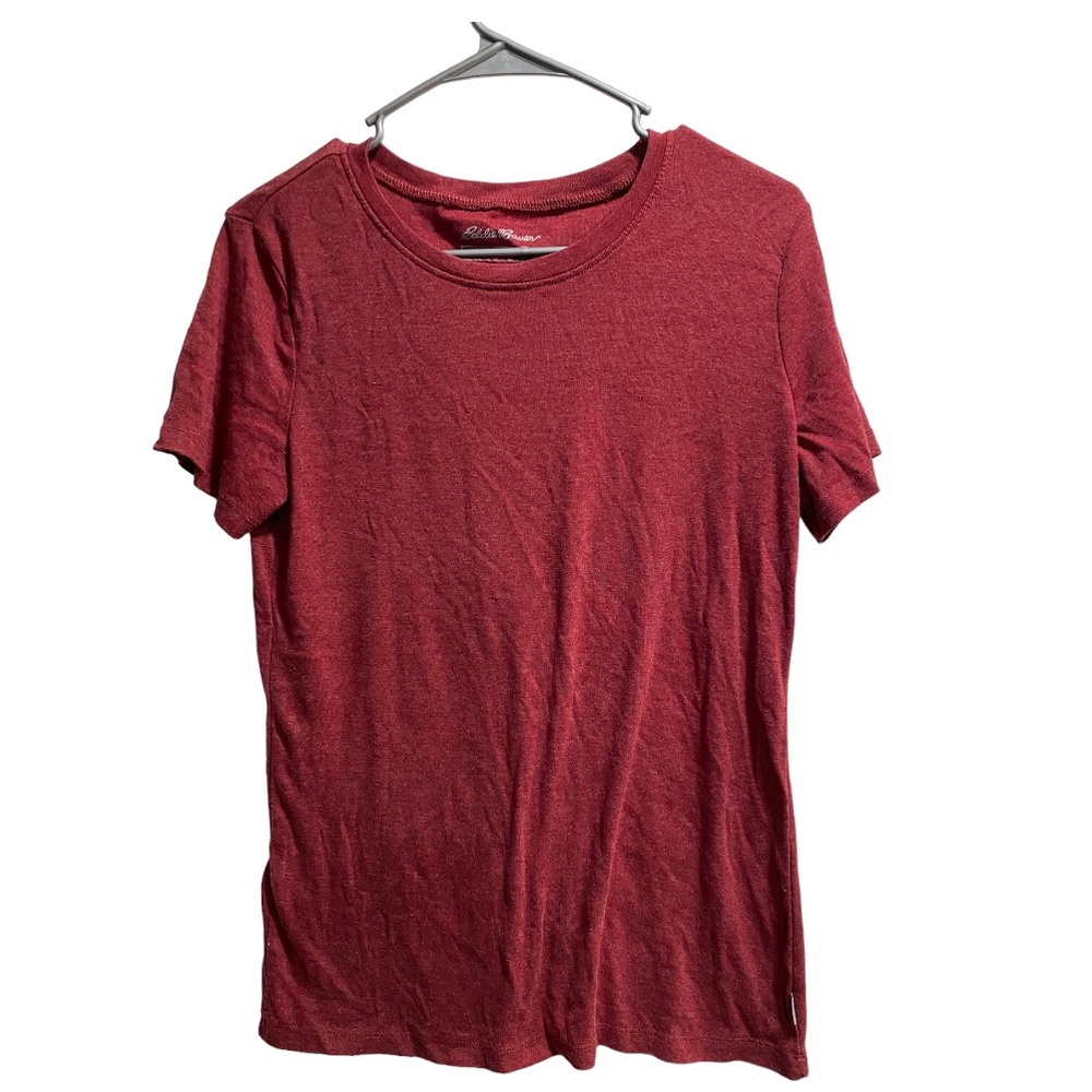 3 Women’s Eddie Bauer Tee Shirts size Large Maroon, Blue, Coral